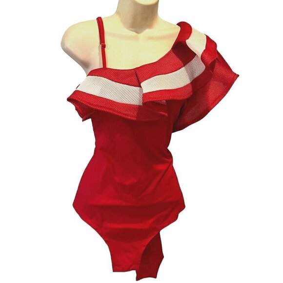 New WHY DRESS Red White Ruffles One Shoulder Stretch Sexy Bodysuit Top - Picture 1 of 12